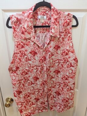 CJ Banks Red Floral Lenin Blend Sleeveless Button-Front Camisole